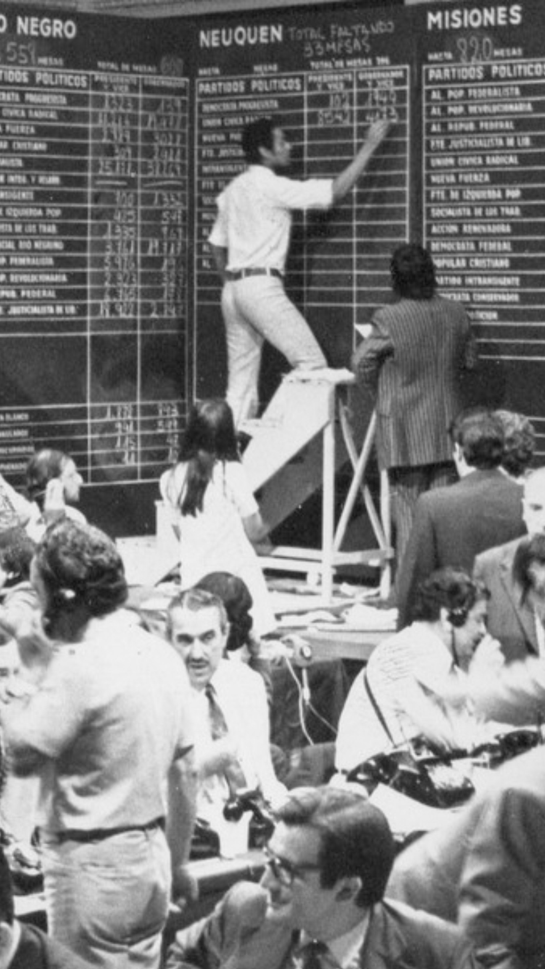 Conteo de votos de las elecciones. Sobre una pared hay diferentes pizarras con el conteo de votos en las diferentes provincias. Hay muchas mesas con teléfonos, atendidos por diferentes hombres.